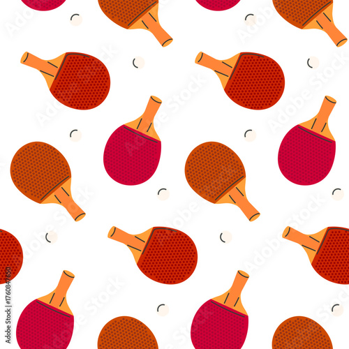 Ping pong paddles and balls. Seamless pattern. Sports background with table tennis theme