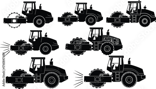Road roller silhouette set, soil compactor machines, asphalt construction equipment, heavy industrial vehicles, flat vector illustration