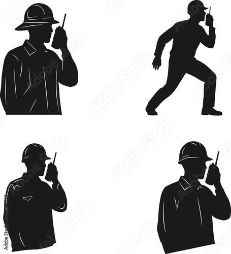 Workers using handheld radios for communication, construction and safety coordination silhouettes, industrial teamwork illustration, flat vector