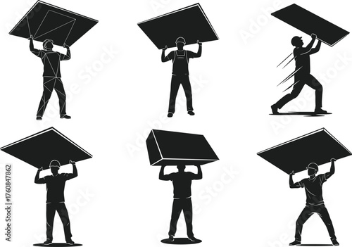 Worker silhouettes lifting heavy object overhead, manual labor poses, strength training, safety effort, construction work, flat vector