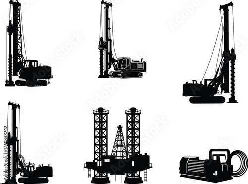 Heavy construction drilling machinery silhouette set, pile driver, crawler rig, oil platform, industrial tools, flat vector