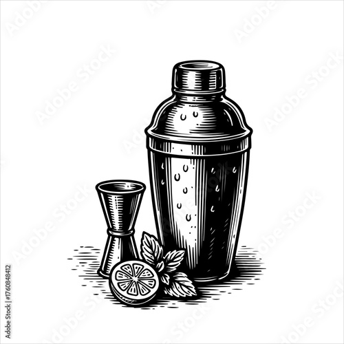 A black and white vintage-style illustration of cocktail making equipment, including a shaker, jigger, lime, and mint.