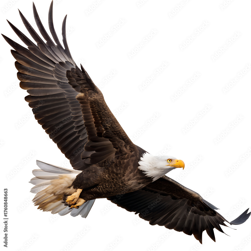 Naklejka premium Majestic bald eagle in flight isolated on transparent background with wings spread wide and feathers detailed