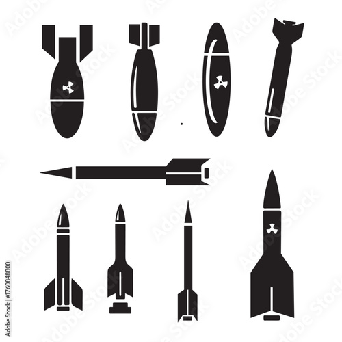 Nuclear Weapon Icon Set. Vector glyphs of atomic bombs, ballistic missiles, and radioactive symbols.