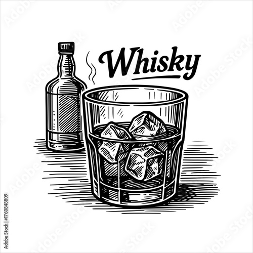 A vintage, hand-drawn black and white illustration of a glass of whisky on the rocks with a bottle.