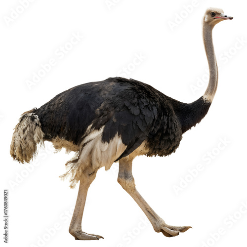 Majestic ostrich isolated on transparent background, showcasing its long neck, powerful legs, and distinctive black and white plumage