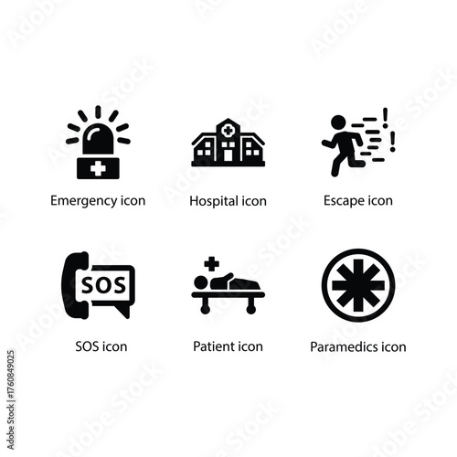 Emergency, Hospital, Escape, SOS, Patient, Paramedics, Black icon set