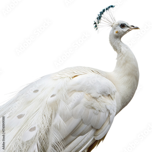 Elegant white peacock isolated on transparent background, showcasing its pristine plumage and graceful posture in a captivating view