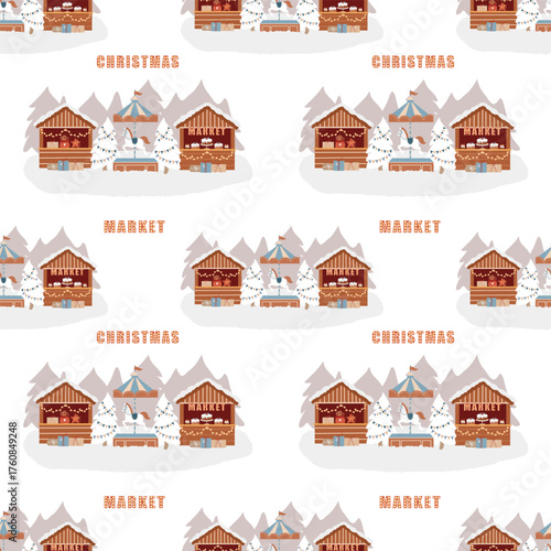 Seamless vector pattern with a festive carousel with horses and market stalls. Christmas winter fair. Nostalgic carnival background. The inscription Christmas Market. Vector flat illustration on a