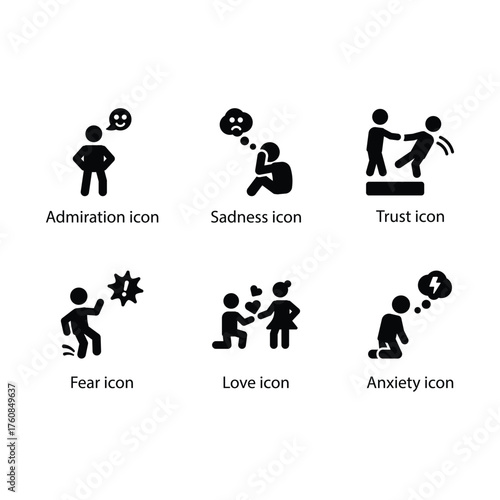 Admiration, Sadness, Trust, Fear, Love, Anxiety, Black icon set