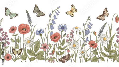 Beautiful hand-drawn illustration of a vibrant spring meadow with colorful wildflowers and elegant butterflies in a continuous border design