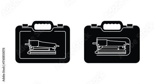 Two black and white tool case icons with power sanders inside