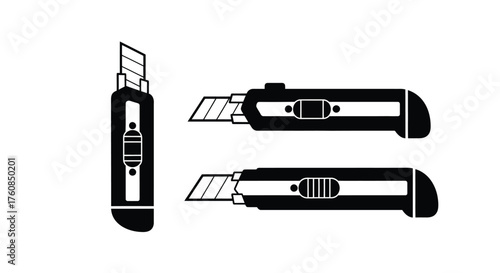 Simple black and white illustration of two utility knives in different views