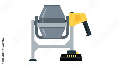 Flat design illustration of a portable concrete mixer with yellow handle
