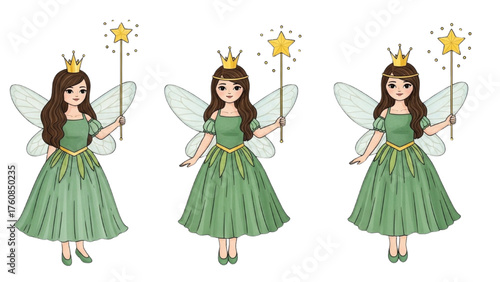 A beautiful collection of cute cartoon fairy princesses in green dresses holding star magic wands