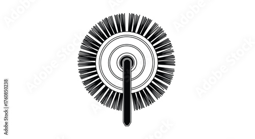 Simple black and white illustration of a circular brush with a handle