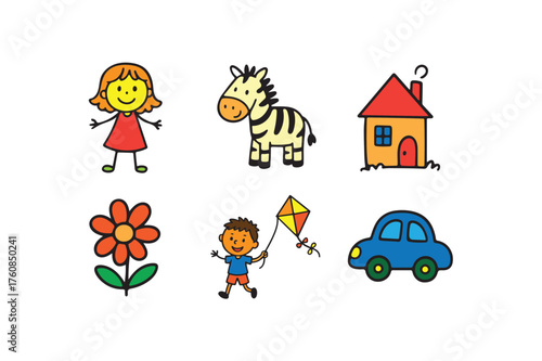 Wallpaper Mural Creative line art different colourful children cartoon simple kids drawing and painting bundle of six unique funny vector illustrations isolated on white background. Torontodigital.ca