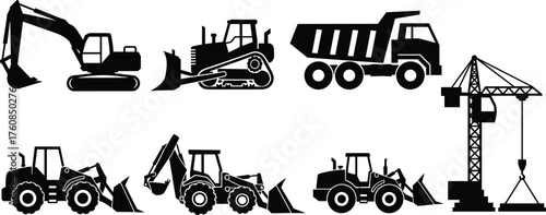 Construction vehicle silhouette set, excavator, bulldozer, dump truck, backhoe loader, tower crane, heavy machinery, flat vector illustration