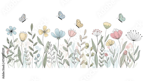 Whimsical Floral Meadow with Butterflies Delicate Plants and Colorful Blossoms