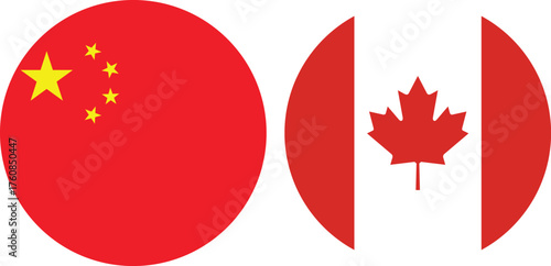 China and Canada Circular Flags Isolated on Transparent Background , Symbol of Friendship and Global Partnership
