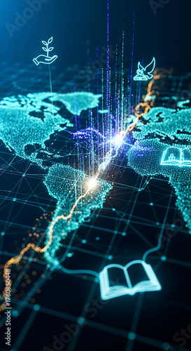 Futuristic digital world map visualizing global data, sustainable growth, and education with glowing icons.