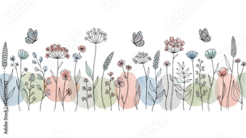 A delicate botanical banner of hand-drawn wildflowers and butterflies with soft pastel accents