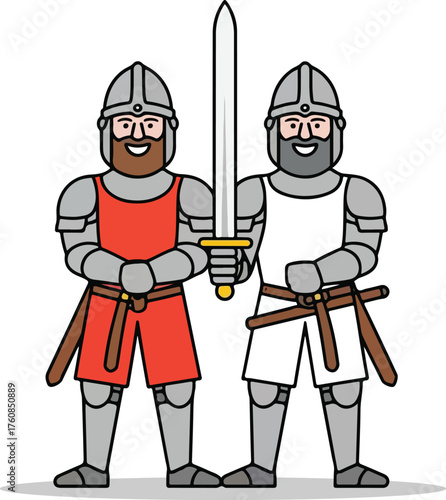 Vector cartoon illustration of a knight warrior with sword and shield in full armor.