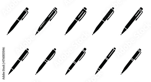 Assorted black ballpoint pens arranged in a grid like pattern