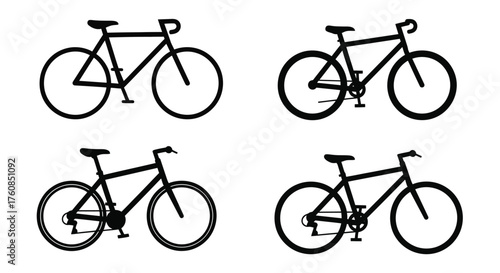 Four black and white illustrations of bicycles in varying orientations