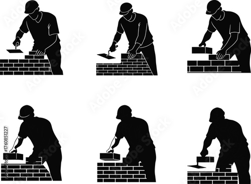 Construction worker bricklaying process, masonry builder with trowel, building wall illustration, construction industry flat vector