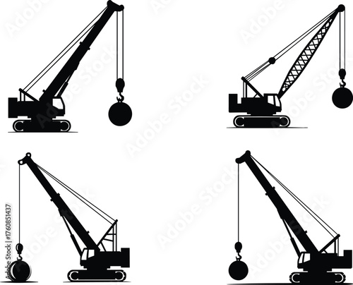 Wrecking ball crane silhouette set, demolition machinery, construction equipment, heavy industrial machines, flat vector illustration