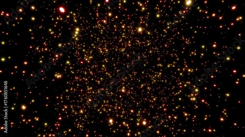 Parallax effect of glowing fiery particles rotating seamlessly against a black background 3d render. Looping abstract rotating particle overlay for greetings, holidays, weddings, awards, Christmas