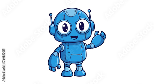 A cheerful, bright blue cartoon robot with big eyes waving its hand in a friendly greeting