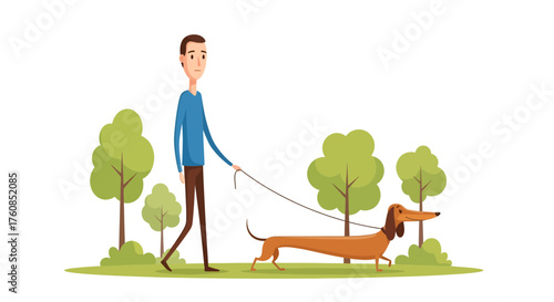 A stylized illustration depicting a man leisurely walking his elongated dachshund in a verdant