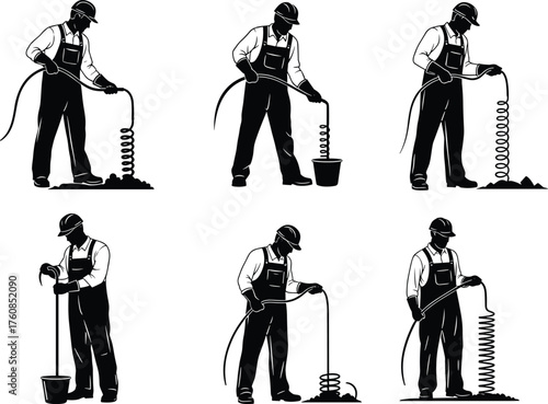 Worker coiling and uncoiling hose or cable, protective gear safety techniques, industrial handling illustration, flat vector design