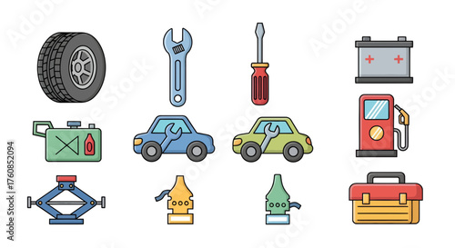 A variety of automotive repair tools depicted in colorful, cartoon-style vector graphics