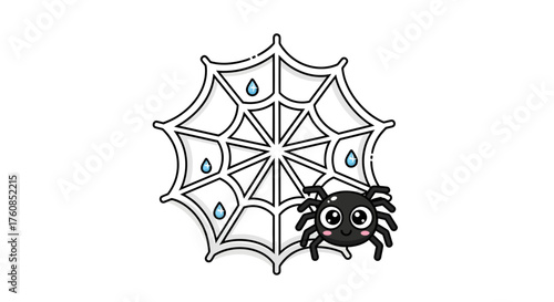 Adorable cartoon spider clinging to a delicate dew-kissed web ready for autumn season