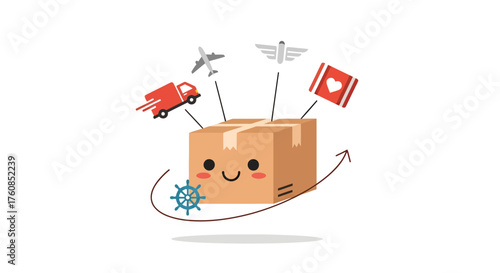 Adorable delivery box with global transportation themed icons showcasing worldwide logistics