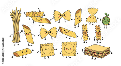 Adorable pasta characters illustration showcasing various shapes and smiling expressions promoting