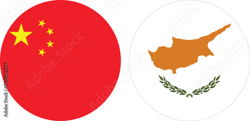 China and Cyprus Circular Flags Isolated on Transparent Background — Symbol of Unity and International Cooperation , vector flat design and digital illustration 