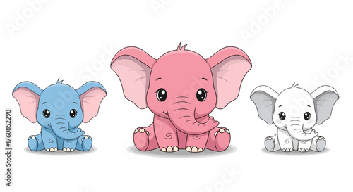 Adorable trio of cartoon elephants in soft pastel shades sitting together cheerfully