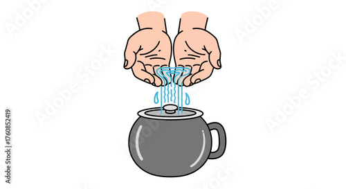 Animated hands gently pouring sparkling water into a round grey pot illustration