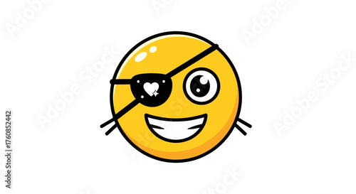 Animated yellow emoji face featuring a pirate patch with a heart and playful smile