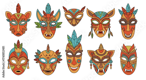 Artistic array of stylized cultural masks with intricate designs and vibrant colors illustration