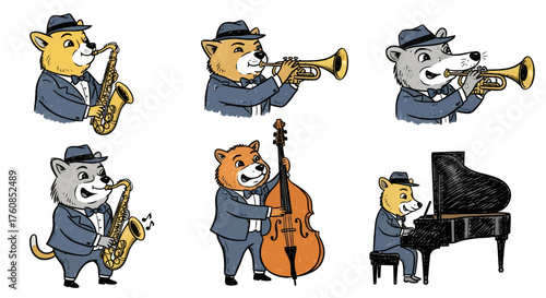 Animated jazz band featuring charming animal musicians wearing suits and playing instruments
