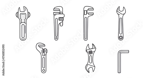 Assortment of essential repair tools presented as vector line art illustrations
