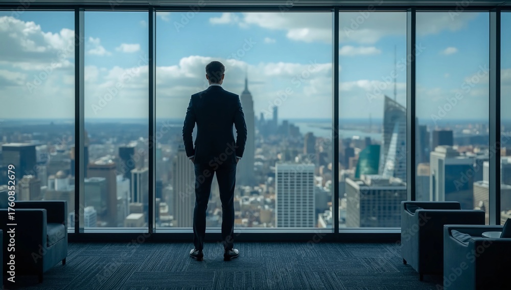 Fototapeta premium Man gazing at the Cityscape: A determined figure stands before a massive window, looking out over a bustling cityscape, embodying ambition, contemplation, and the pursuit of dreams.