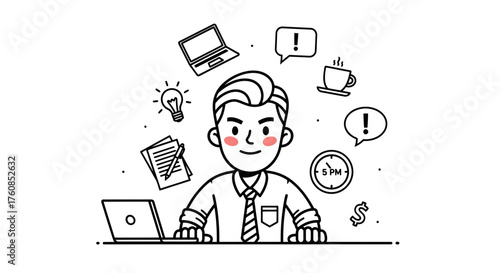 Cartoon Businessman Surrounded by Work Icons Depicting Overload and Productivity