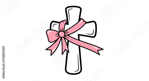 Cartoon christian cross adorned with a soft pink ribbon celebrating new faith and grace