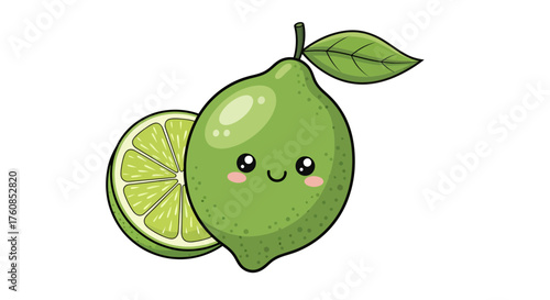 Cartoon lime illustration with a cute face and a lime slice for packaging or food ads